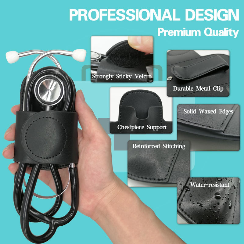 [Australia - AusPower] - Stethoscope Holder with Clip for Scrubs, Upgrade Premium Leather Clip-on Stethoscope Hip Holder Stethoscope Accessories, Black 