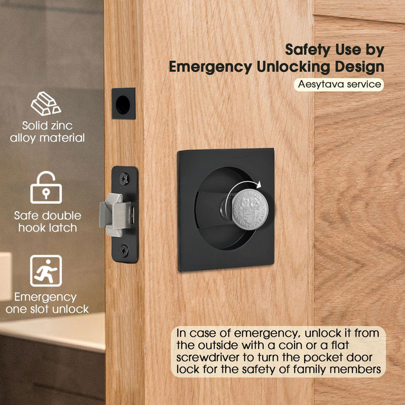 Black Pocket Door Hardware, 2 3/8" Backset, Zinc Alloy Heavy Duty Square Matte Black Pocket Door Lock, Solid Sliding Pocket Door Handle(1 Pack) 1 Pack 2 3/8"