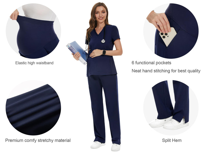 POSHGLAM Women's Maternity Scrub Pants 6-Pocket Over Belly Stretch Comfortable Casual Workwear Medical Nurse Work Pants Medium Navy
