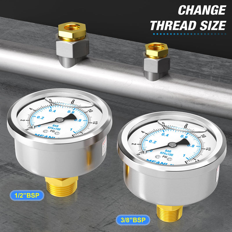 [Australia - AusPower] - MEANLIN MEASURE 0~1BAR/15PSI Stainless Steel 1/4 Inch BSP 2.5 Inch Face Dial Liquid Filled Pressure Gauge WOG Water Oil Air Rear Mount, with 1/4" x 1/2" BSP and 1/4" x 3/8" BSP Hex Socket 0~1BAR/0~15PSI Rear mounted 