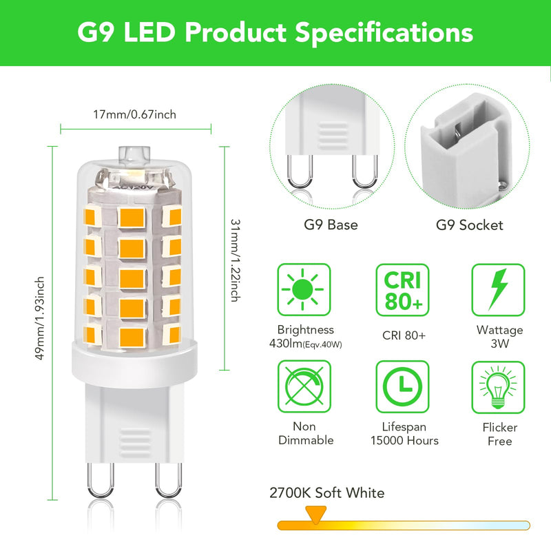 BUBO G9 LED Bulb 2700K Soft White 430 Lumens, 3W Equivalent 40W T4 G9 Halogen Replacement, 360°Beam Angle 120V Non-Dimmable No-Flicker G9 Light Bulbs for Crystal Chandelier Lighting, 20 Pack