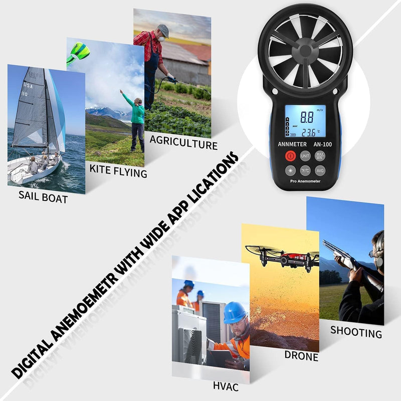 Digital Wind Gauge Anemometer, AIOMEST Wind Meter Measures Wind Speed 90 km/h & Air Temperature ℃/℉, Portable Wind Meter AI-100 for Sailing, Windmill, Windsurfing, Ventilation System
