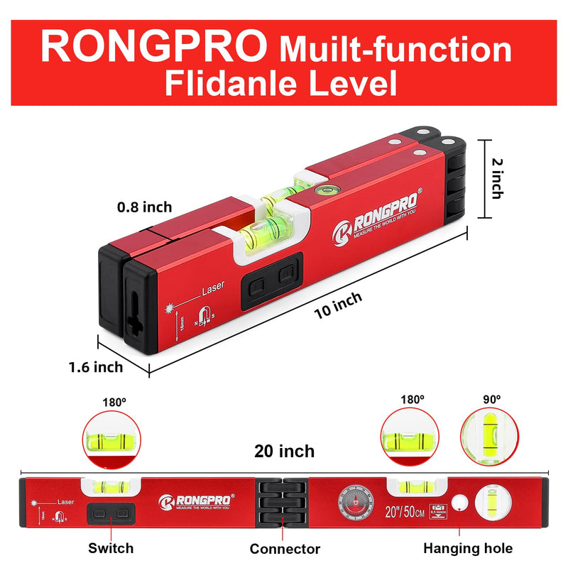 [Australia - AusPower] - 20Inch Foldable Magnetic Level-with 30Ft Laser Leveling Line and 90°/180°Bubbles,Multi-function Leveler Tool for Woodworking,Picture Hanging,Home Renovation and Construction 