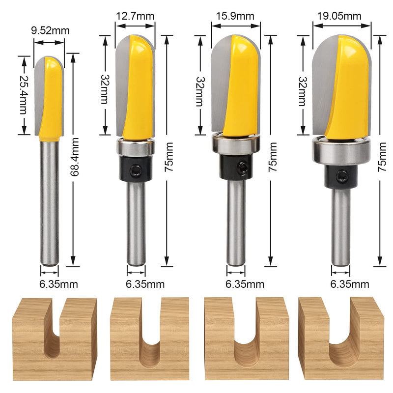 Exqutoo 4Pcs 1/4" Shank Carbide Round Nose Groove Router Bit Set Template Router planing Head Set with Ball Bearing Engraving Router planing Head Wood Cutter Woodworking Tools Carving Cutting Tool 3.94 x 3.35 x 1.18 inches/4Pcs