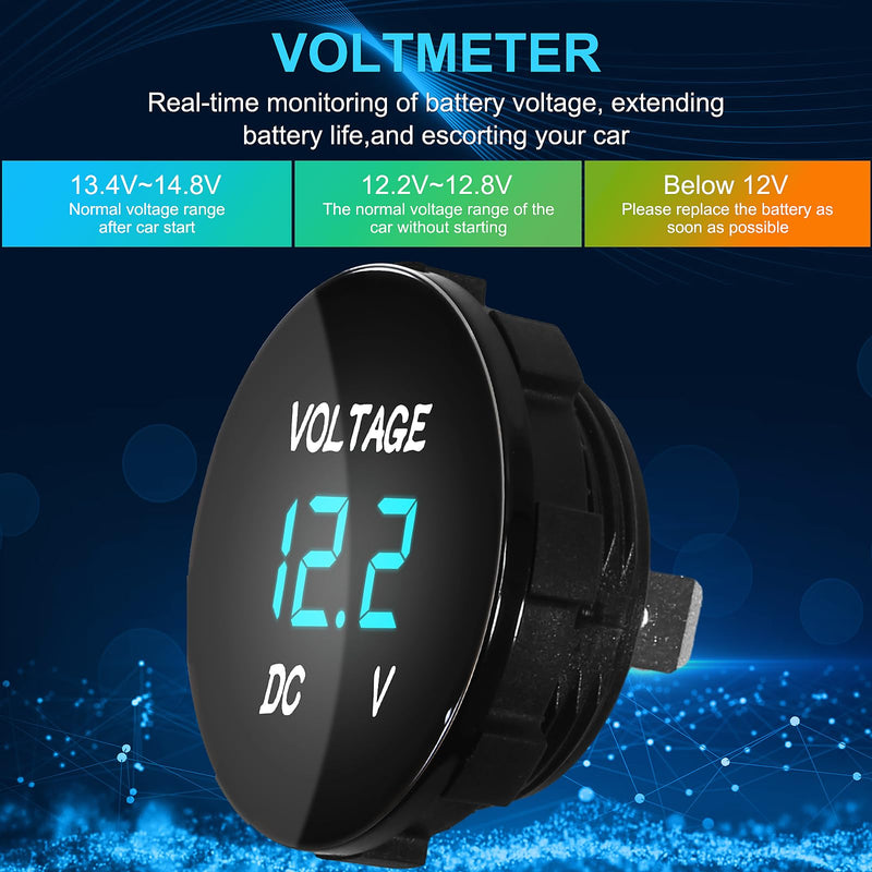 [Australia - AusPower] - 2PCS DC 12V 24V Car Voltmeter DC 5-48V LED Digital Display Voltmeter 12V Waterproof Voltage Gauge Meter Tester Round Panel with Terminals for Boat Marine Vehicle Motorcycle Truck ATV UTV (Blue Light) 