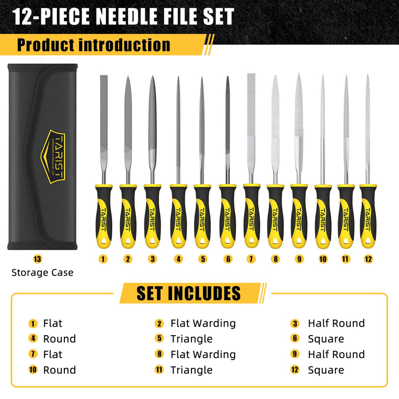 Tarist Needle Files, Key Files 12-Piece with Tool Bag, Small File Set Includes 6 Metal Needle Files and 6 Diamond Needle Files for Metal, Jeweler, Wood, Soapstone and Plastic Needle files, 12 pieces