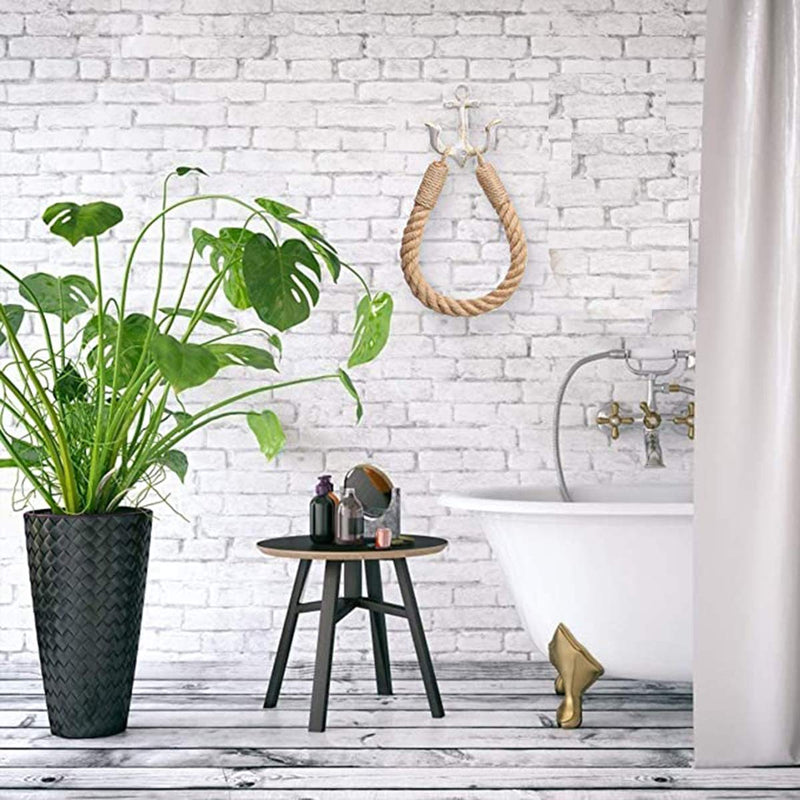 2 Pcs Nautical Rope Toilet Paper Holder Wall-Mounted Towel Ring Nautical Toilet Paper Holder with Metal Hooks Coastal Towel Rack Natural Antique Rope （White+White） White+white
