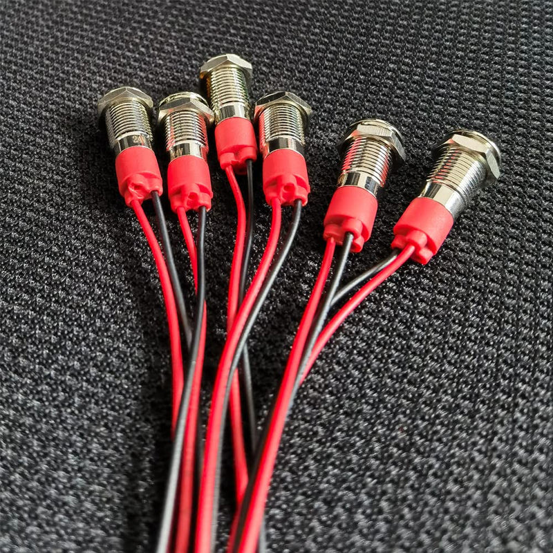 GUUZI 8mm LED Indicator Light 12-24V Waterproof Signal Light Metal Plate LED Indicator Signal Light Plate Mount Flat Head with Wires Silver Housing (Red, 6 Pieces) Red