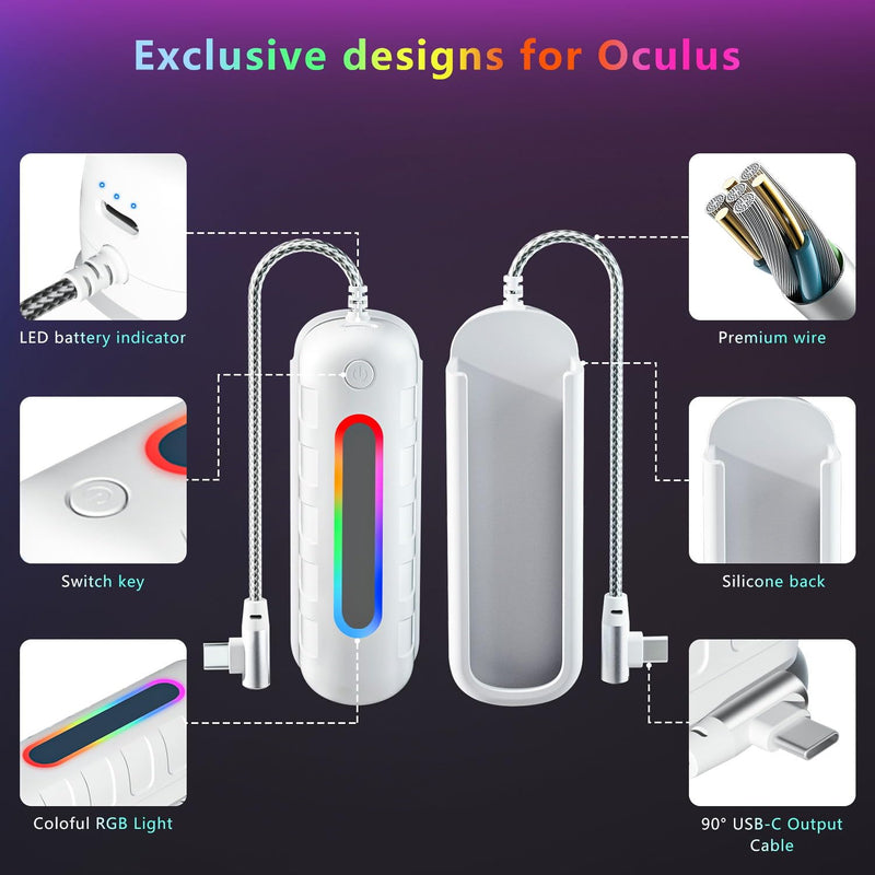[Australia - AusPower] - Battery Pack for Oculus Quest 2, 5000mAh Extended Power with Multi-Colors RGB Lights Compatible with Original Meta Quest 2 Head Elite Strap Extra 2-4H Playtime 2 Pack (5000mah+ 5000mah) 2 battery packs 