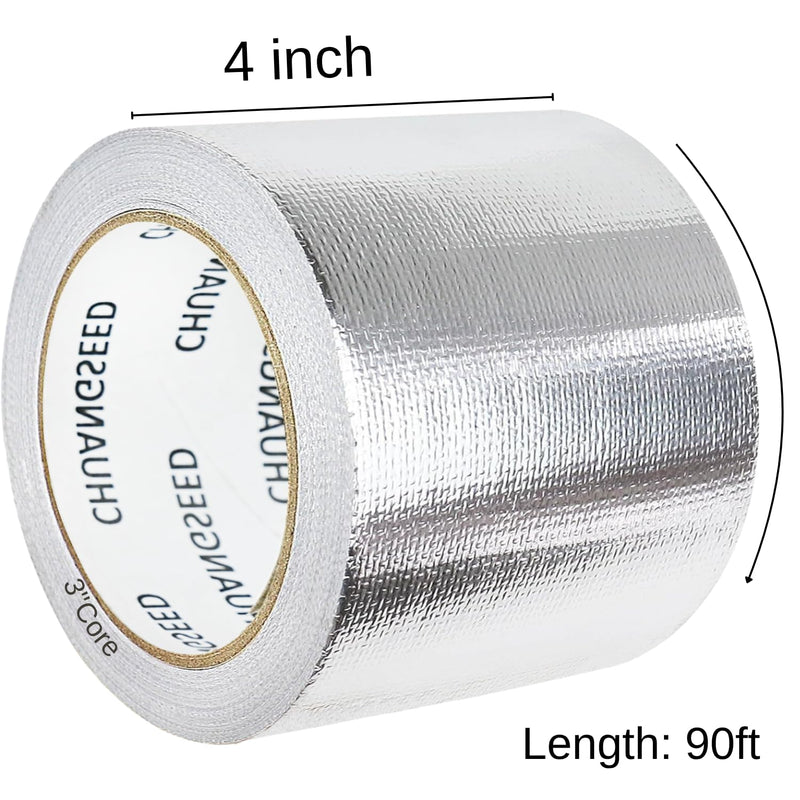 CHUANGSEED Adhesive Aluminum Foil Fiberglass Heat Shield Tape 4in x 90ft, Reflective Material Cool Tape Self-Adhesive for HVAC, Pipe, Auto,High Temp Protection