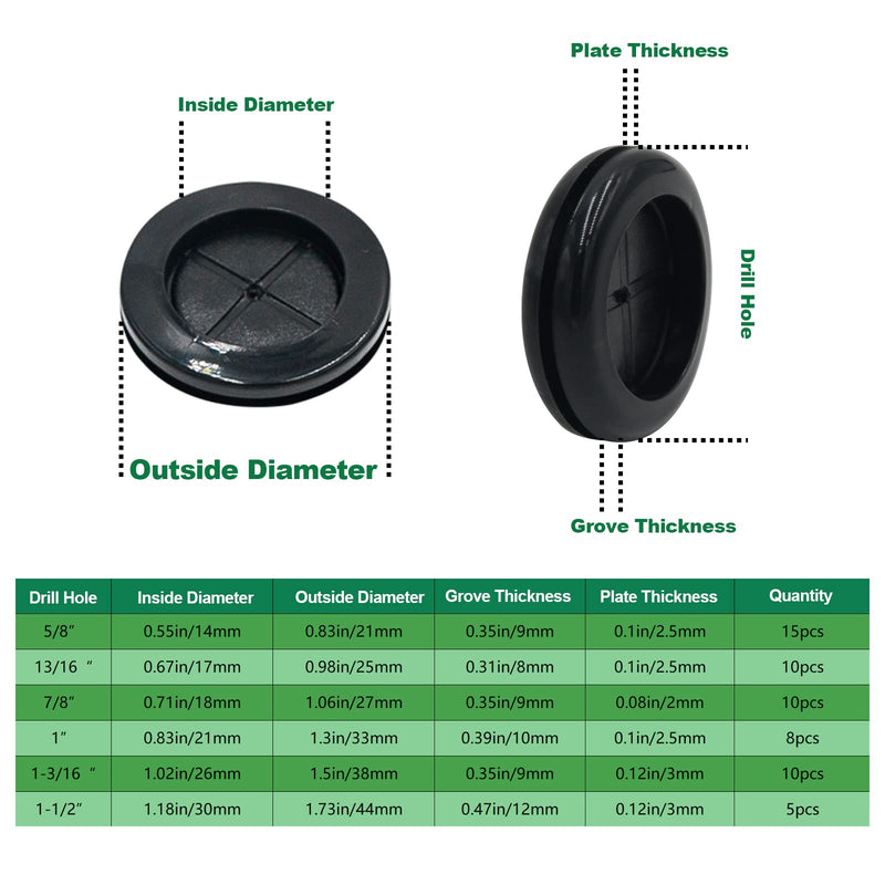 [Australia - AusPower] - 58Pcs Rubber Grommets for Wiring, 6 Size, 5/8" 13/16" 7/8" 1" 1-3/16" 1-1/2" Drill Hole Rubber Grommet Kit, Rubber Hole Plugs for Automotive, Black 58PCS 6 Size Double Sided 