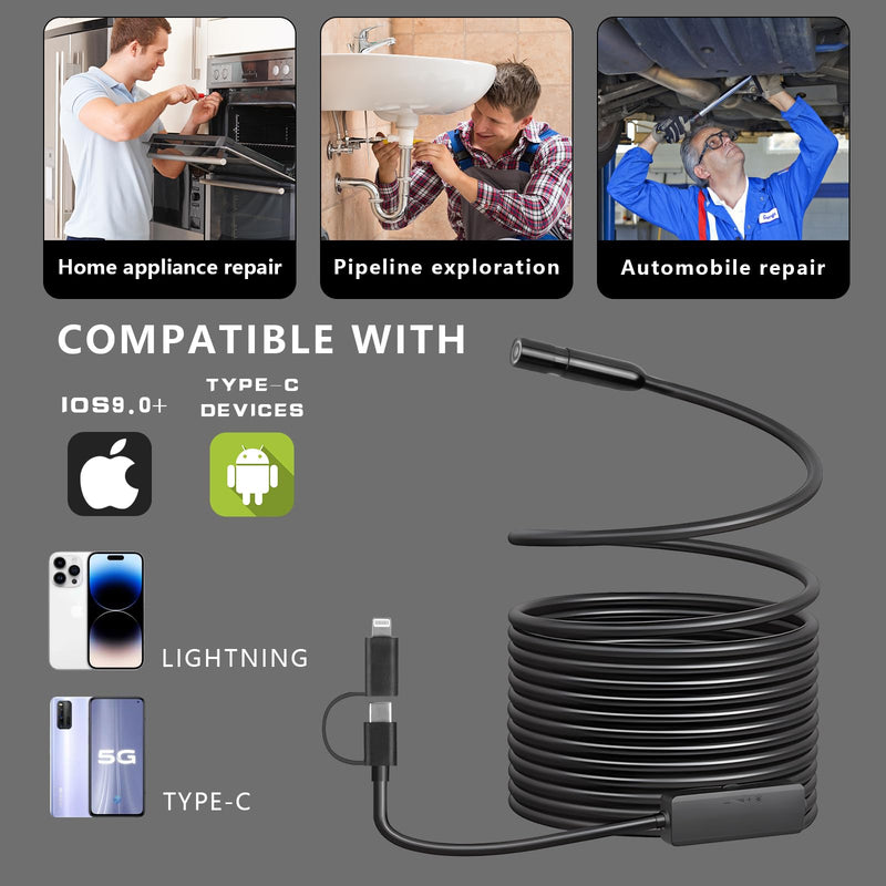 [Australia - AusPower] - Endoscope Camera with Light, 1920P HD Borescope with 8 Adjustable LED Lights, 16.4ft Semi-Rigid Snake Cable IP67 Waterproof Inspection Camera for iOS and Android 