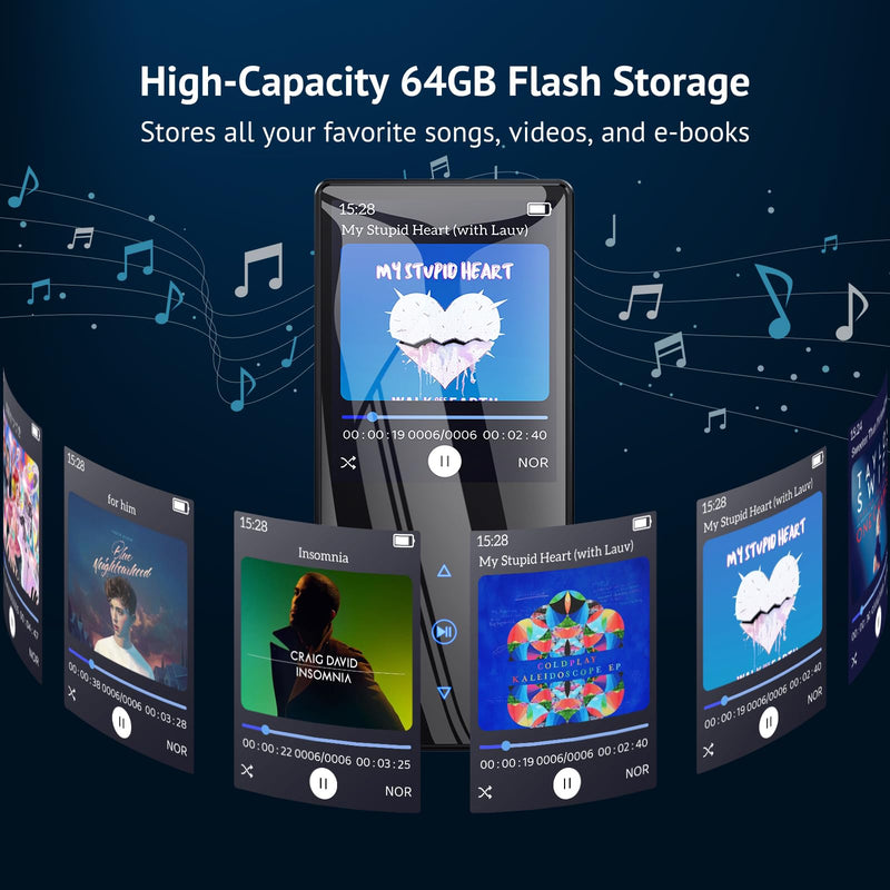 [Australia - AusPower] - 64GB MP3 Player with Boosted Bluetooth 5.0, Music Player Features HD Speaker, 2.4" Screen, Touch Buttons, Expandable SD Card Slot, Supports FM Radio, Voice Recording, E-Book, and More 