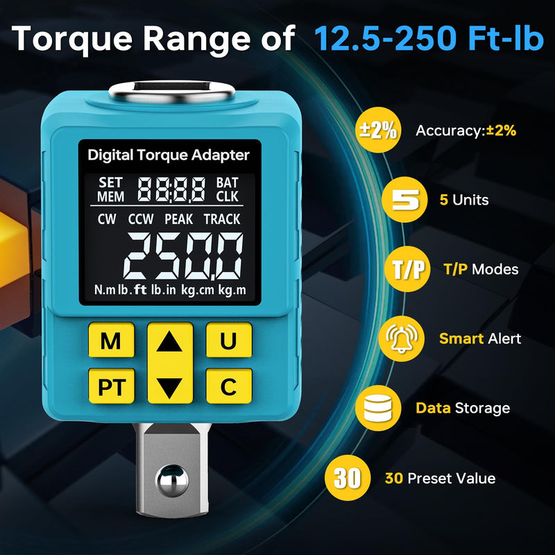 [Australia - AusPower] - Upgrade Digital Torque Adapter, (±1% Accuracy, 12.5-250Ft-lb), 1/2" Digital Torque Wrench Adapter for Car, Versatile Meter - Smart Alert | Peak/Track | Preset | Store/Delete, for Automotive(340N.m) 12.5-250Ft-lb/17-340 Nm 1/2-Inch 