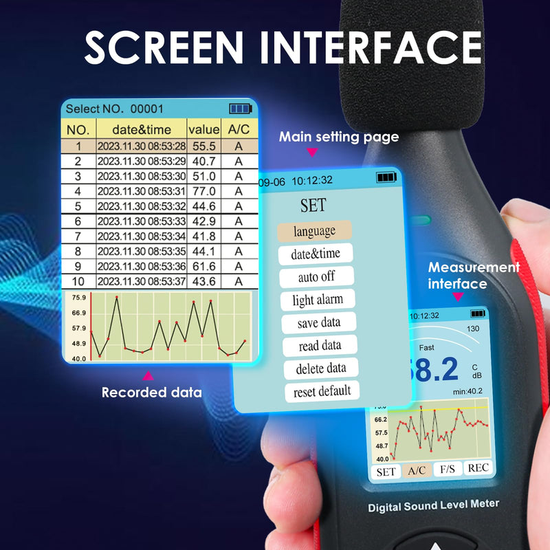 [Australia - AusPower] - Decibel Meter, Data Logger, Digital Sound Decibel Meter, Sound Level Meter with 43,000 Records and Export, Rechargeable Noise Meter with A/C Frequency and DC Output with Alarm 