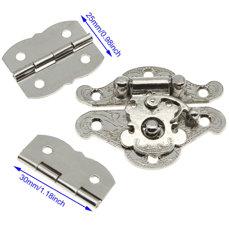 [Australia - AusPower] - 1 Pcs Antique Hasp Latch and 2 Pcs Butterfly-Shape Hinges Decorative Lock Buckle with Matching Screws[FDXGYH,Silver] Silver 