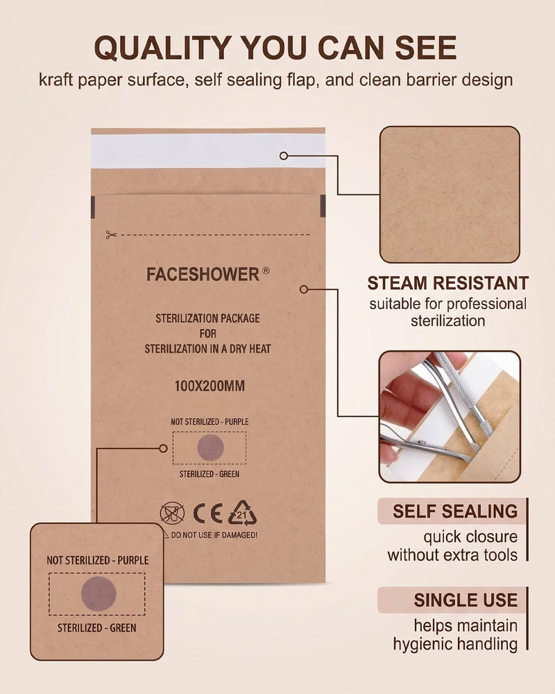Kraft Paper Sterilization Bags - Pack of 100 (100 x 200 mm) | Self Sealing Sleeves for Nail & Manicure Tools | Germs & Moisture Protection