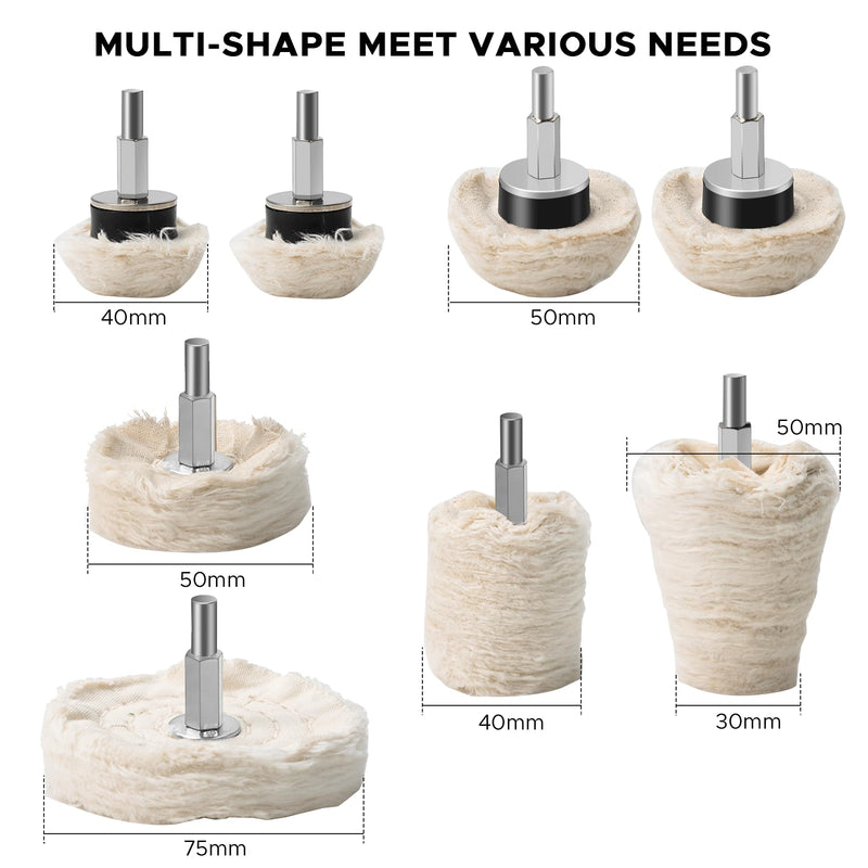 8PCS Buffing Wheels for Drill Kit, Polishing Wheel for Drill with 1/4" Shank, Mutil Shapes & Sizes for Car Motorcycle Wheel Headlight Rim, Stainless Steel Chrome Plastic Ceramic Glass Jewelry