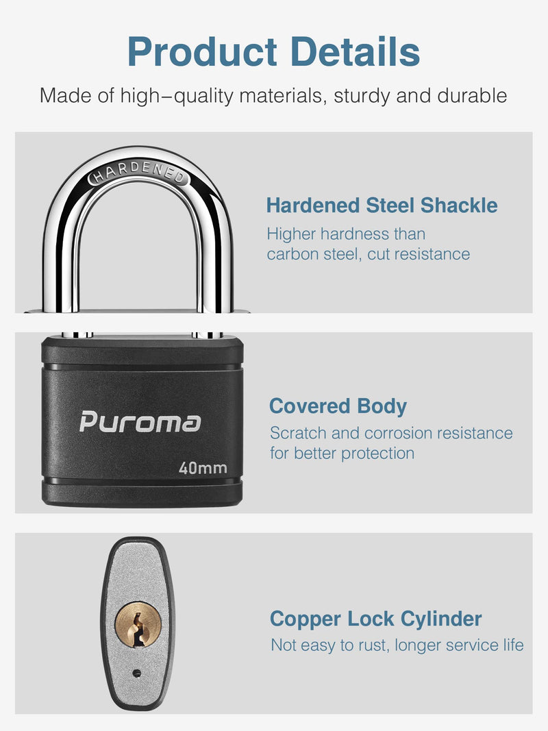 [Australia - AusPower] - Puroma 2 Pack Keyed Padlock with 3 Keys, 1.1 Inch Locker Lock 40mm Heavy-Duty Locks for Gate Fence Hasp Cabinet Toolbox School Gym Locker (Black) Black 