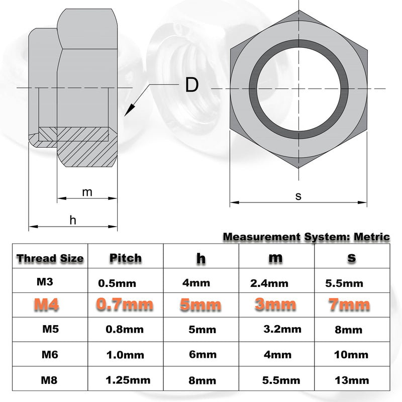 [Australia - AusPower] - 100PCS M4 Locknuts Metric Nylon Inserted Hex Lock Nuts Self-Lock Nylon Insert M4x0.7mm 304 Stainless Steel Self Locking 7mm Hex Nut Driver Tiny Nut for RC Cars 3D Printer 