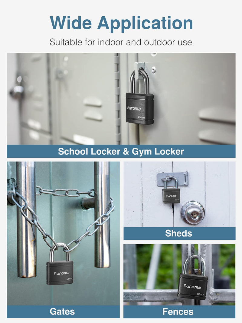 [Australia - AusPower] - Puroma 2 Pack Keyed Padlock with 3 Keys, 1.1 Inch Locker Lock 40mm Heavy-Duty Locks for Gate Fence Hasp Cabinet Toolbox School Gym Locker (Black) Black 