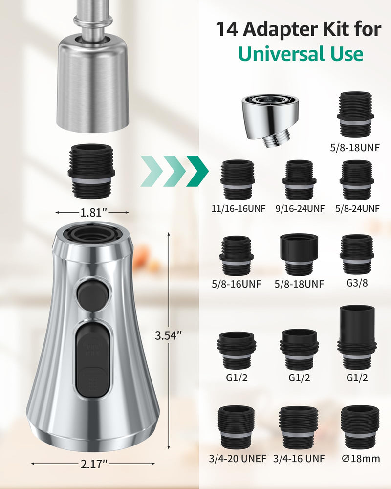 Mbillion Universal Polished Chrome Kitchen Faucet Head Replacement, 3 Function ABS Sink Faucet Head, Pull-Down Nozzle with 14 Adapters, Compatible with Moen,Delta,Kohler,WEWE American Standard