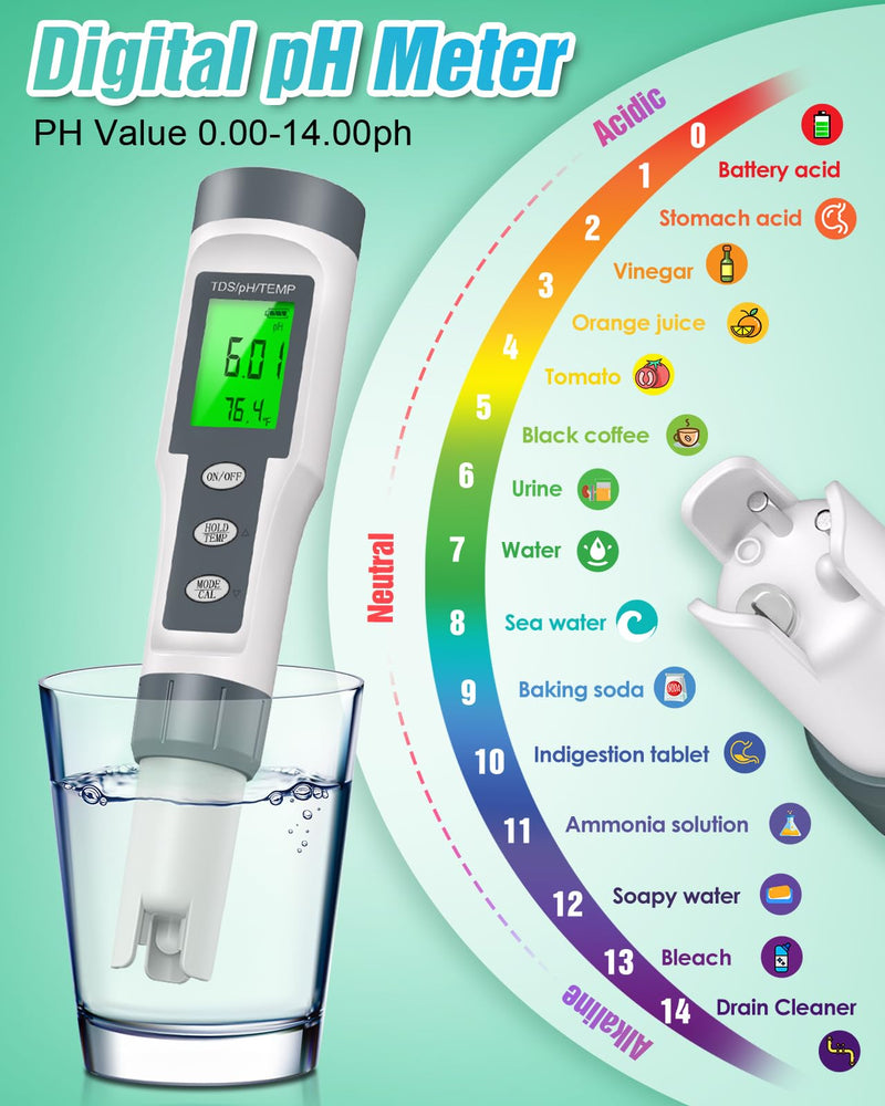 [Australia - AusPower] - Digital pH Meter with TDS and Temperature Display, LCD Screen, Water Quality Tester 