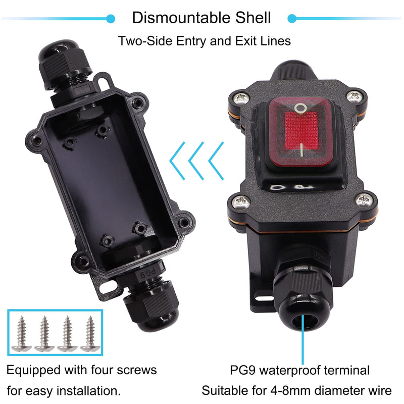 [Australia - AusPower] - IP67 Waterproof Inline Cord Switch 12V DC 20A DPST 4Pin 2 Position On Off Outdoor Toggle Switch with Red Light Rocker Button,Two-Side Entry & Exit Line DC 12-24V 