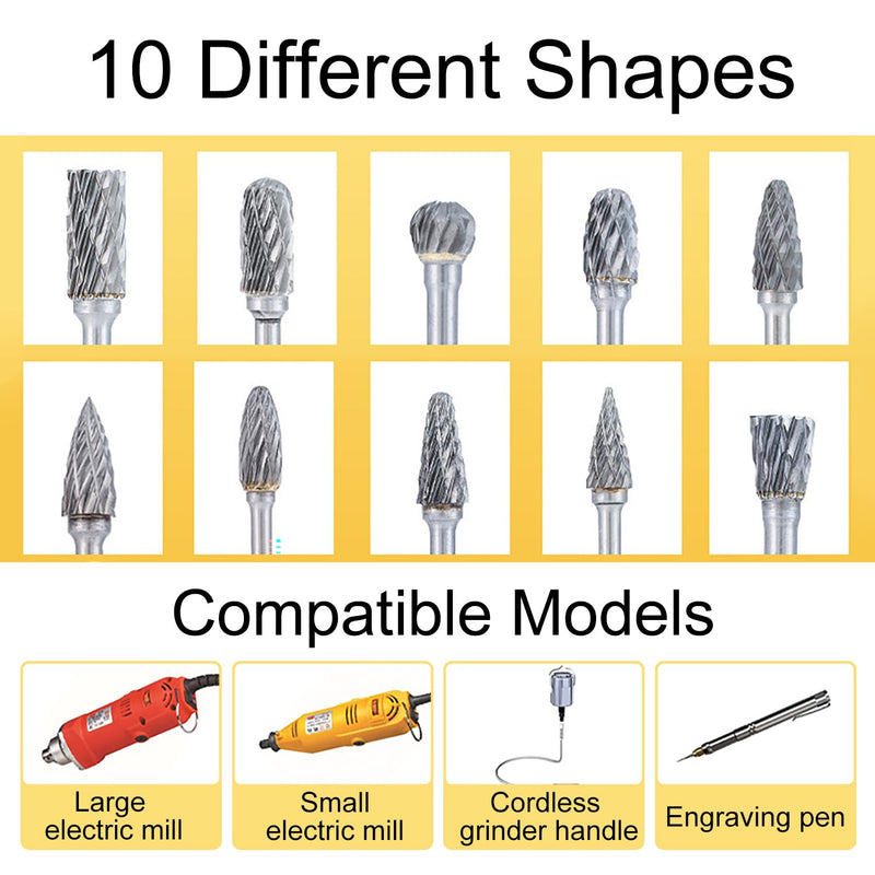 [Australia - AusPower] - EUZUXU 10Pcs Tungsten Carbide Rotary Burr Set for Rotary Tool, for Wood Metal Grinding Engraving Polishing 