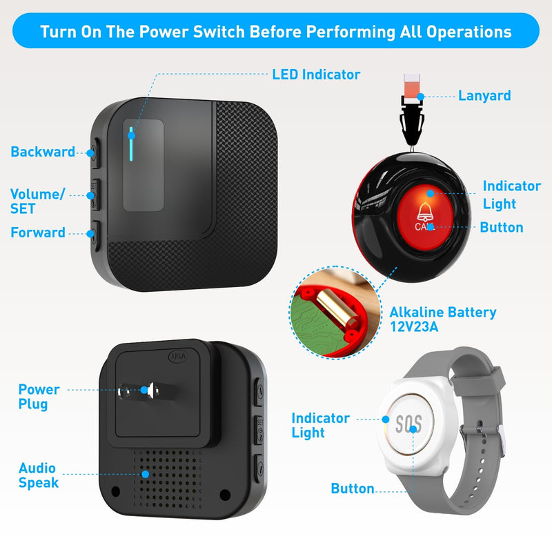[Australia - AusPower] - SanJie Wi-Fi Wireless Caregiver Pager Call Button for Elderly at Home - Alert Systems with App Remote Alerts & Device Sharing Suitable for Seniors & Patients and People with Disabilities 1+1 Black 01 