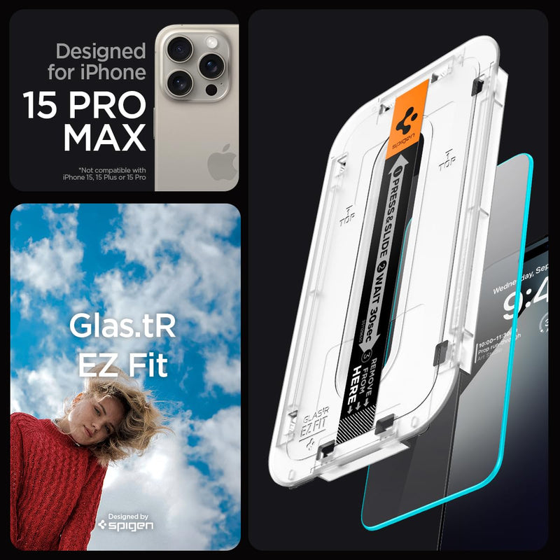 [Australia - AusPower] - Spigen Tempered Glass Screen Protector [GlasTR EZ FIT] designed for iPhone 15 Pro Max [Case Friendly] - 2 Pack 