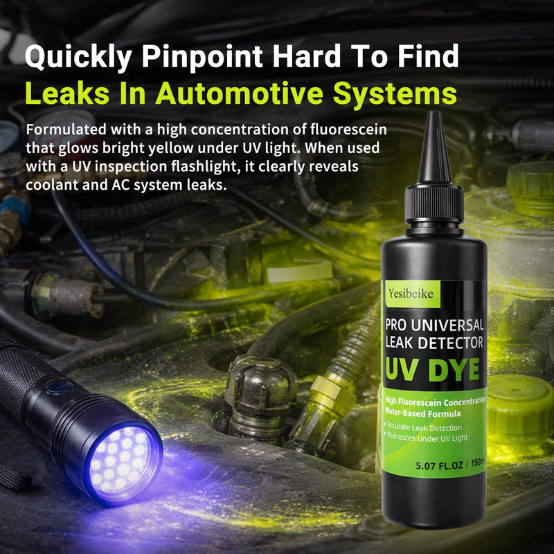 Automotive UV Leak Detector Dye Kit, 150ml High Visibility Tracer for Radiator Coolant Systems Hose Heater Core Water Pump and AC, Includes Dye Cleaner and Gloves 1 150ml+50ml