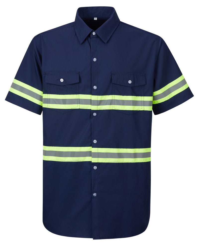Ousafeve Class 3 Hi Vis Button Up Safety Work Shirts for Men Reflective Medium Navy_short