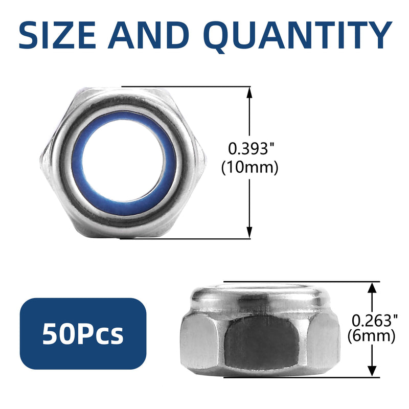 [Australia - AusPower] - M6 x 1.0mm Nylon Insert Hex Lock Nuts 50Pcs 304 Stainless Steel Locknuts, Hex Drive, Bright Finish, by SG TZH M6 Silver 50 