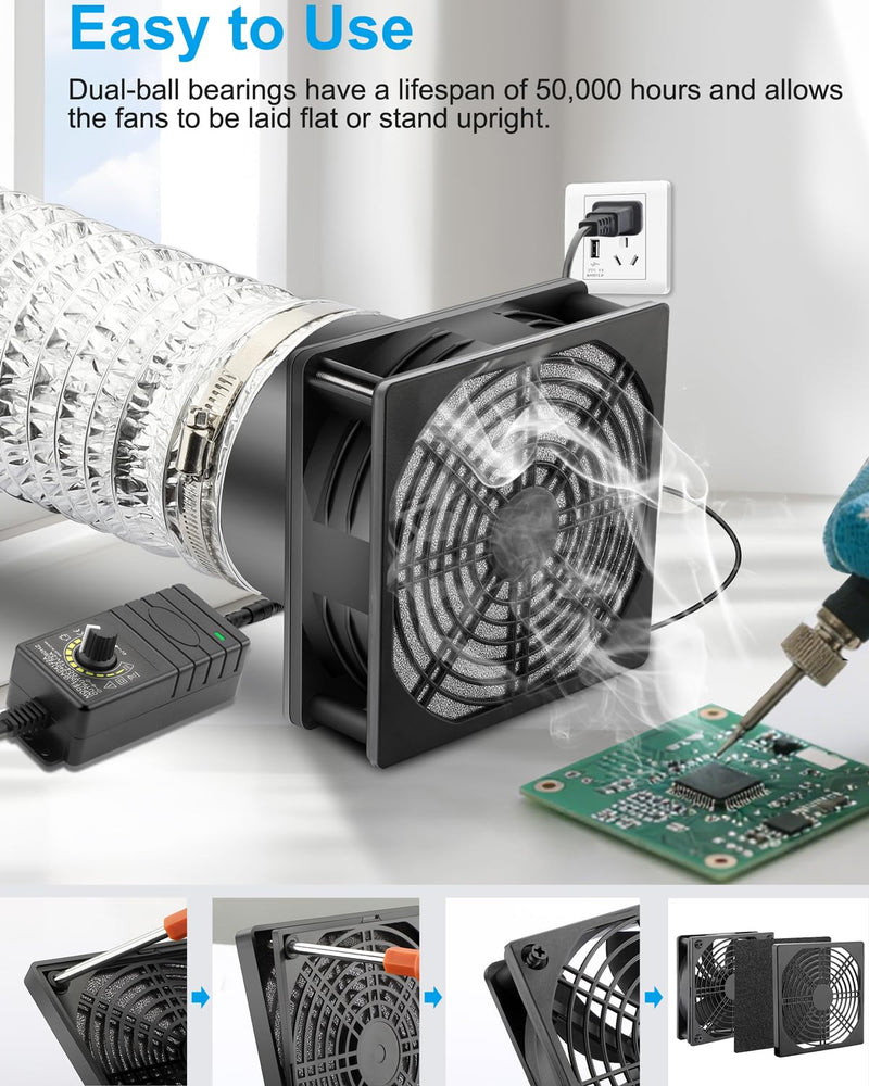 GDSTIME 120mm x 38mm 12V DC Axial Fan with 4 Inch Duct Flange Variable Speed Controller, 110V 120V AC Powered, Small Air Exhaust Fume Smoke Extractor Kit for Soldering, 3D Printer Enclosure 1238 Fan + 1 Flange