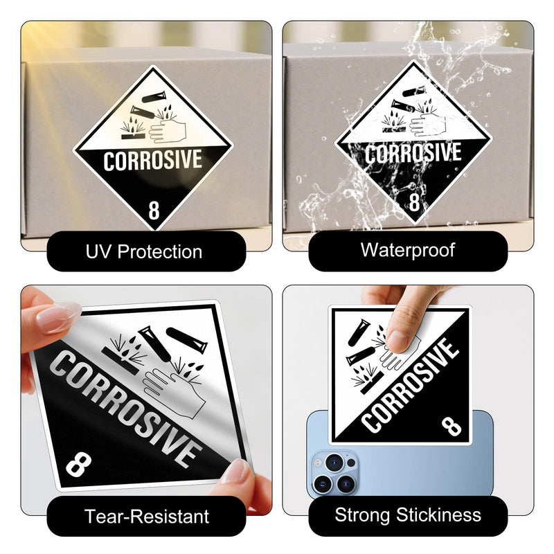 500 PCS Hazard Class 8 Corrosive Labels 4 × 4 Inches Vinyl Removable Self Adhesive DOT Hazmat Compliant Stickers Packages Safety Label for Packing Shipping Transportation