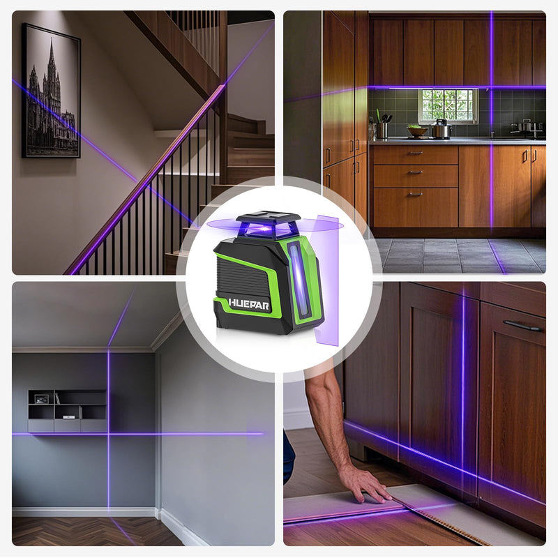 Huepar 360° Laser Level, 82Ft - 165Ft Self Leveling Laser Level with Pulse Mode, 3 Brightness Levels Rechargeable Li-ion Battery Purple Line Laser Leveler Tool for DIY Indoor Project D011c-p