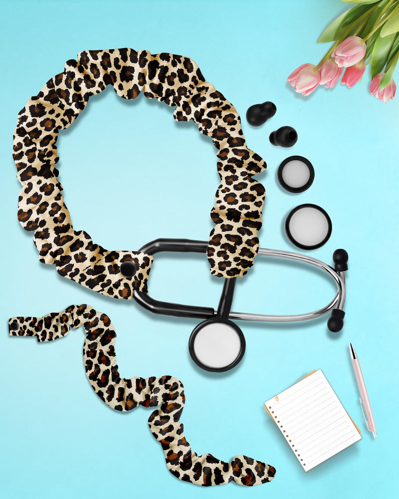 [Australia - AusPower] - Plifal Elastic Stethoscope Cover Sleeve for Nurse Doctors Cuff Accessories - Leopard Print Pleated Design, Fits Most Dual-head Removable & Single-head Stethoscopes, Comes with Diaphragms and Earplugs brown 