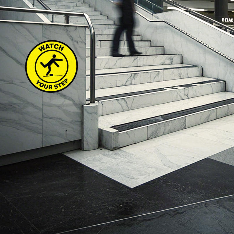 5 Pack Watch Your Step Floor Sticker Anti-Slip Safety Sign 17 × 17 Inches Self Adhesive Vinyl Waterproof Signage for Floors Stairs Warehouses Offices Retail Stores