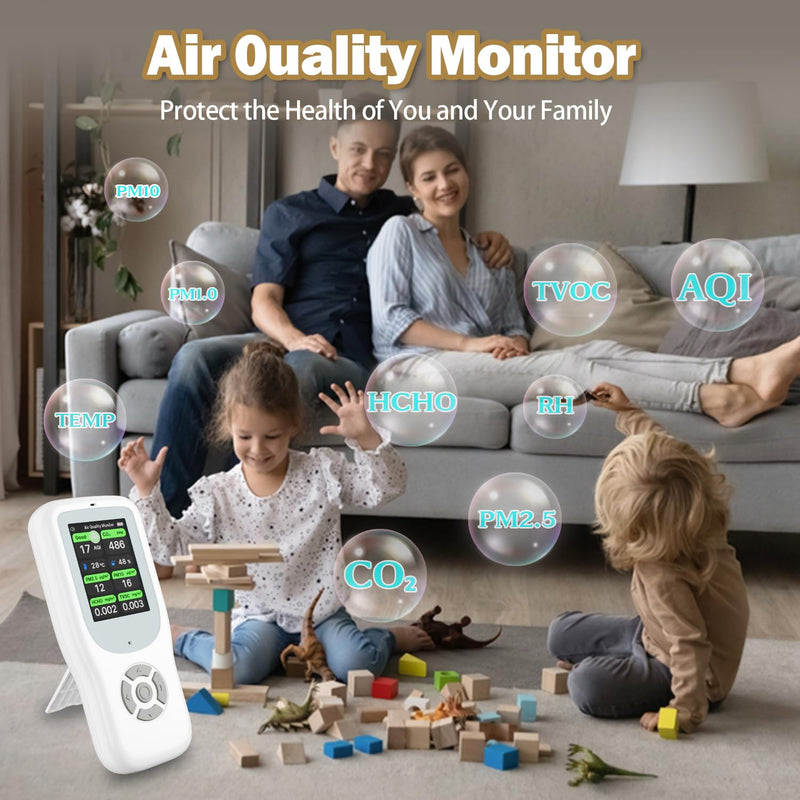 [Australia - AusPower] - 11-in-1 Air Quality Monitor - Portable Indoor Air Quality Detector with Stand, Real-Time Test for AQI, CO2, PM2.5, PM1.0, PM10, TVOC, HCHO, Particles, Temperature & Humidity with Aler (White-Black) White-Black 
