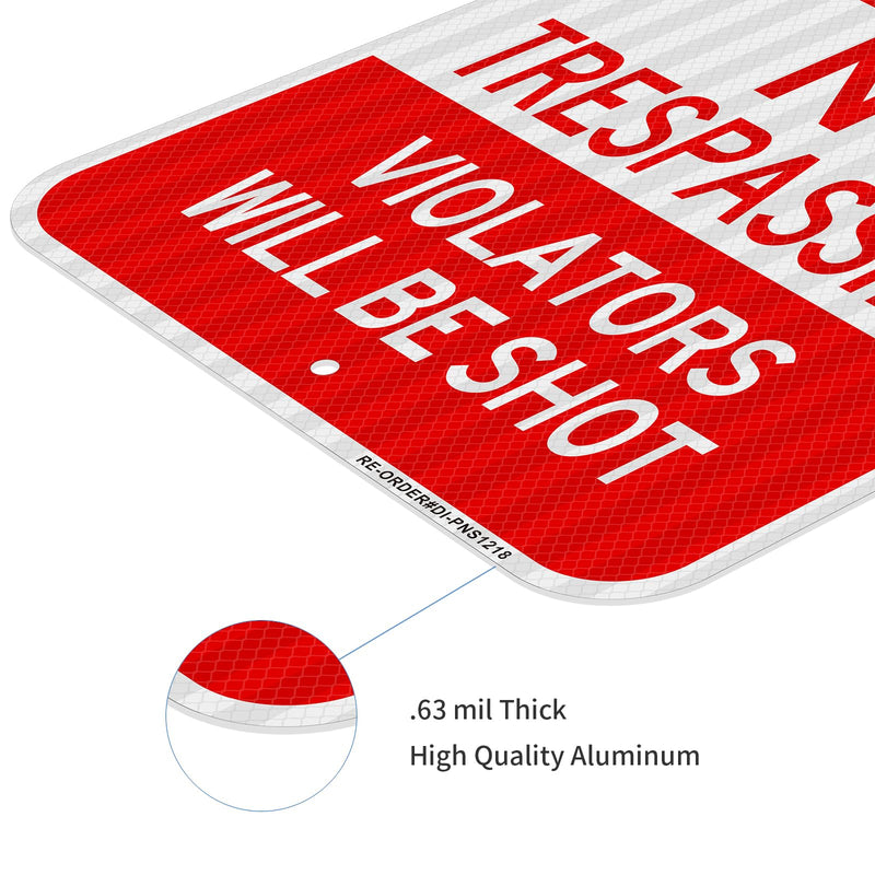 Private Property No Trespassing Sign 2 Pack, Large 18"x12" Violators Will Be Shot Sign, Heavy Duty Reflective Aluminum, Rust Free Weather Resistant Red- 18"x12"