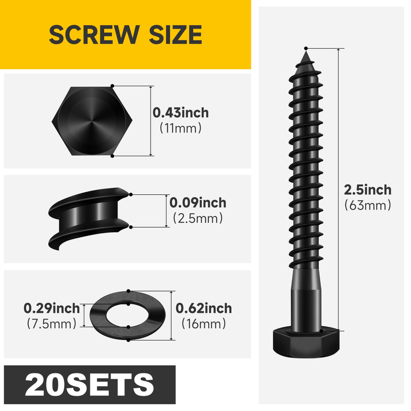 [Australia - AusPower] - (20Sets) 1/4" x 2-1/2" Hex Head Lag Bolts, Heavy Duty Lag Screws with Washers, 304 Stainless Steel Bolts 18-8, Lag Screws Wood Screws, Partial Thread Black Oxide, 1/4 Bolt 1/4 x 2-1/2" (20 set) 