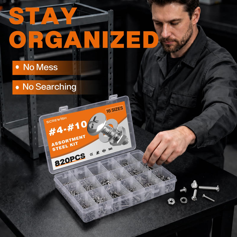 Machine Screws Assortment kit,820PCS #10-24#8-32#6-32#4-40 Phillips Pan Head Screws Bolts, 304 Stainless Steel for Electrical Wall Socket,Household Repairs #4#6#8#10 Phillips Head