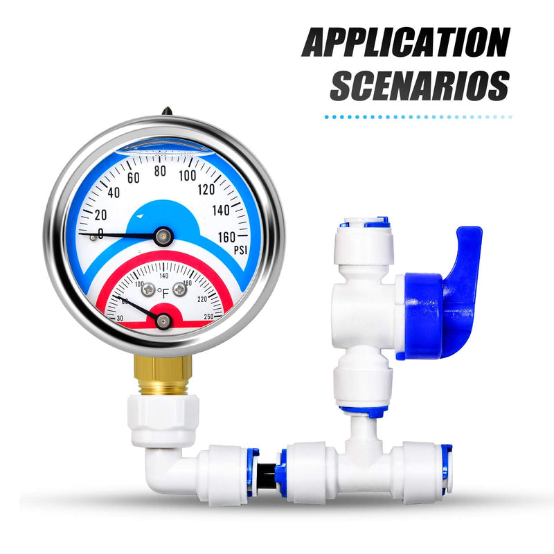 [Australia - AusPower] - MEANLIN MEASURE 2PCS 0-160Psi Stainless Steel Thermal Pressure Gauge 30-250℉ 1/4" NPT 2.5" FACE DIAL Liquid Filled Pressure Gauge, with 1/2" NPT and 3/8" NPT Hex Bushing, Lower Mount Liquid Filled/2PCS 