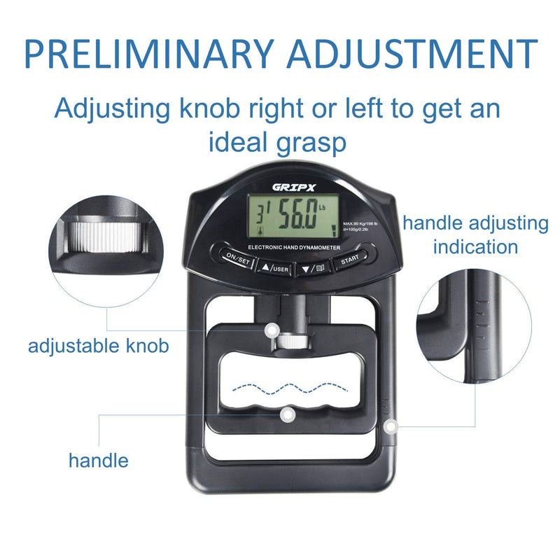 [Australia - AusPower] - GRIPX Digital Hand Dynamometer Grip Strength Measurement Meter Auto Capturing Electronic Hand Grip Power 198Lbs / 90Kgs Black 
