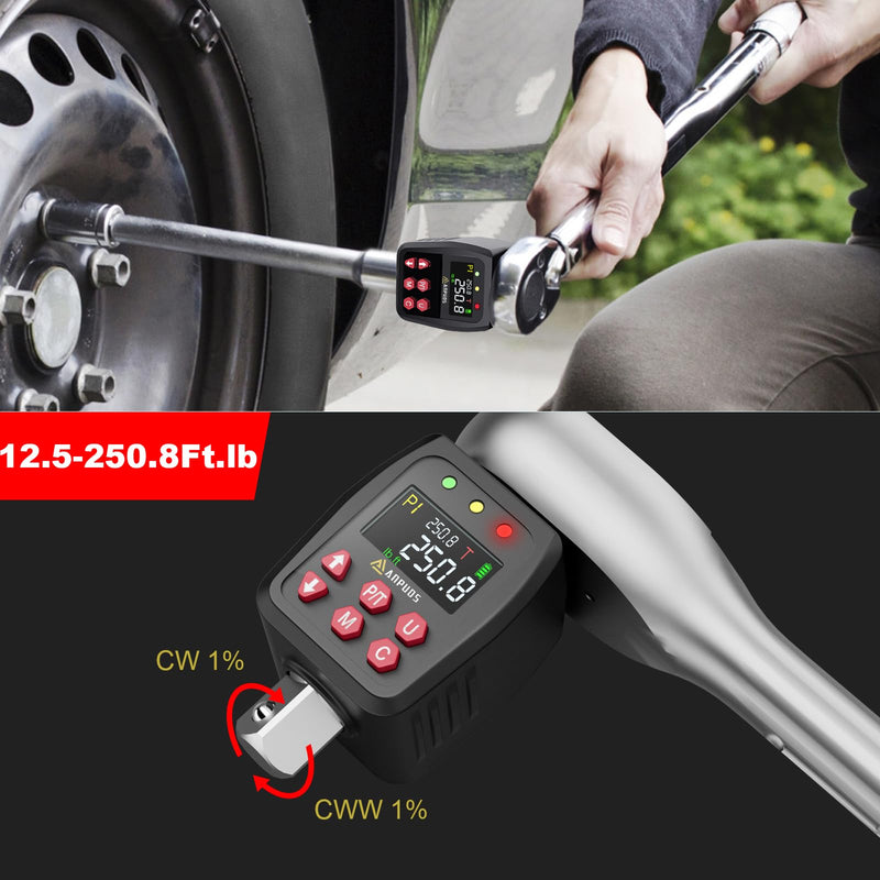 [Australia - AusPower] - 1/2" Digital Torque Adapter, 12.5-250.8 Ft-lb/17-340 Nm, Digital Torque Wrench Converter with ±1% Accuracy, Preset Value, Data Storage, Buzzer & LED Indicators, 3/8'' & 1/4'' Adapters for Car 1/2-Inch 