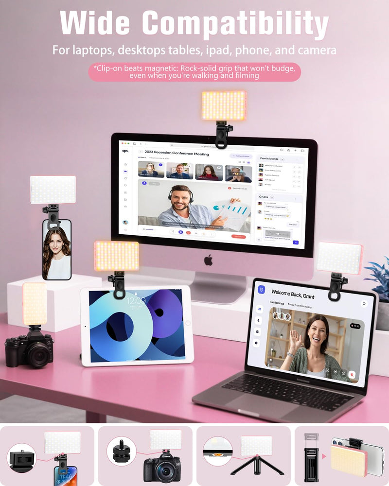 168 LED Selfie Light for iPhone, Phone Light, 3000mah Rechargeable Picture Light Clip Portable Lights for Phone, Camera, Laptop, iPad, 3 Lights Modes for Makeup, Video Conference, TikTok, Vlog (Pink) Pink