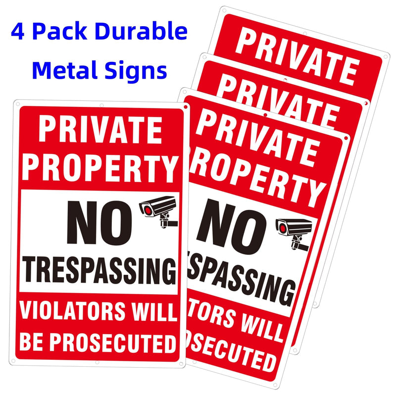 4 Pack Large Private Property No Trespassing Signs, Aluminum No Trespassing Video Surveillance Sign, No Trespassing Signs–Weatherproof and Highly Visible for Property Protection (10x14 inches) 10 x 14 inches Red No Trespassing Signs