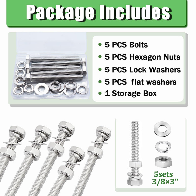 [Australia - AusPower] - 5 Sets 3/8-16×3" Stainless Steel Hex Head Screws Bolts, Nuts, Flat & Lock Washers, 18-8(304) Full Thread Silver 3/8-16 × 3"（5 Sets） 