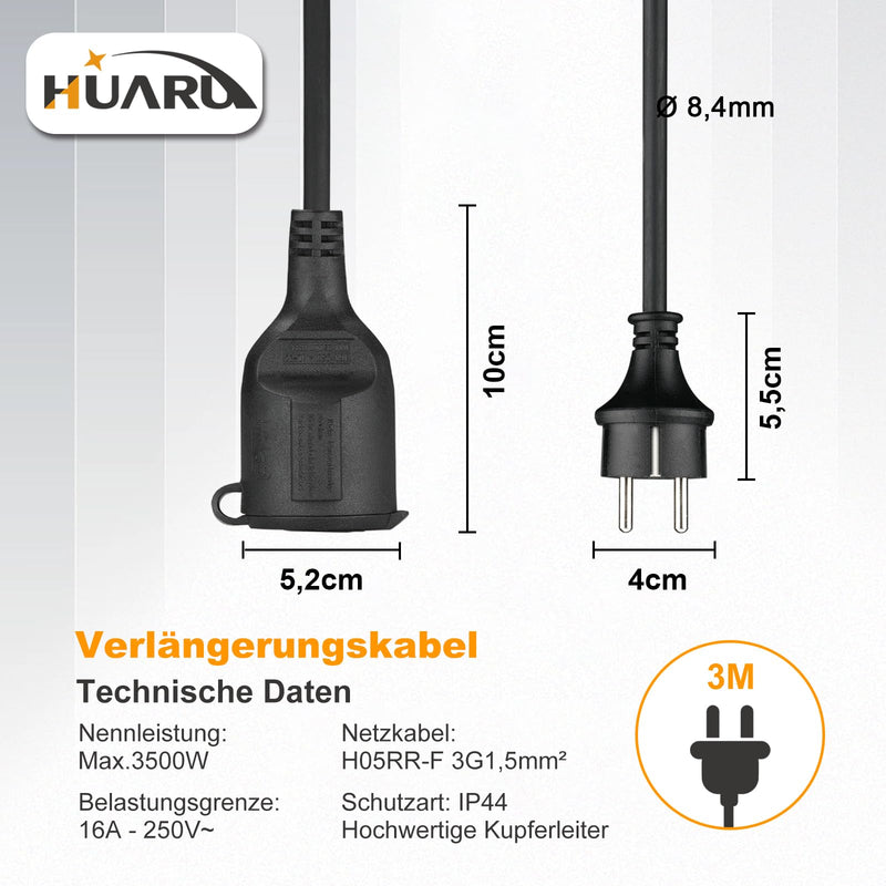 Outdoor Extension Cable, 3 m, Rubber Power Cable Extension with Schuko Plug for Outdoor Use, IP44, Cable Extension H05RR-F 3G 1.5 mm² with Protective Cap, Electric Cable Outdoor, 3500 W, Black 3 metres